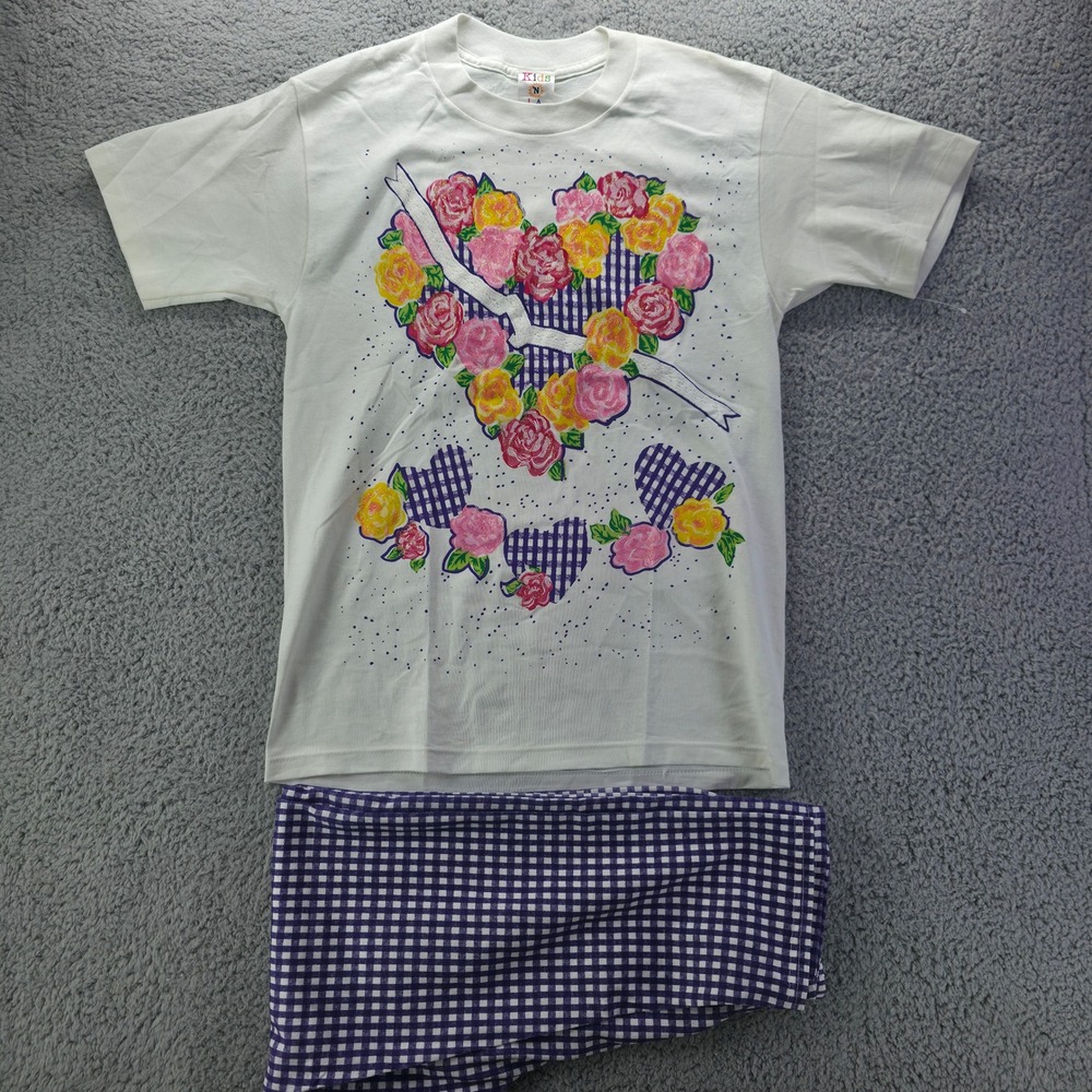 Vintage Kids N L.A. Floral Gingham Pajama Set Girls Medium Purple White USA